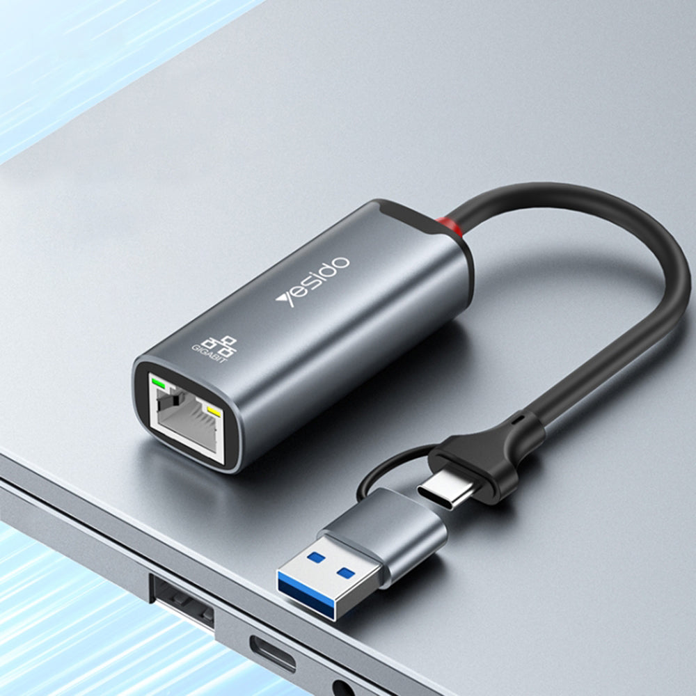 Yesido HB26 Network Card, RJ45, USB / USB-C, Gray