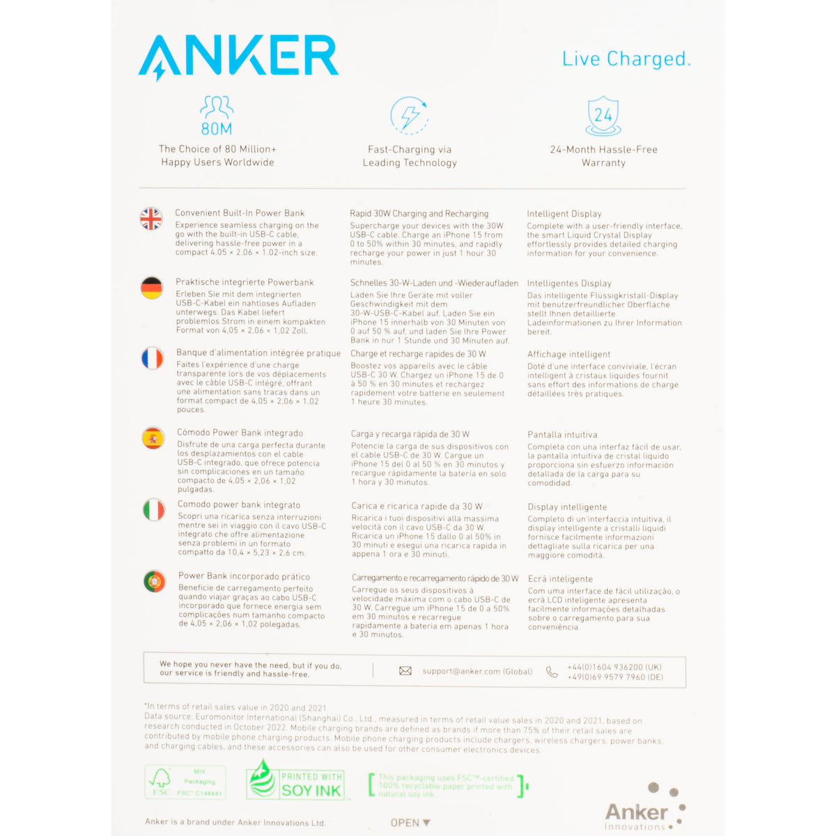 Anker Nano External Battery, 10000mAh, 30W, QC + PD, 1 x USB-A - 2 x USB-C, Black A1259G11