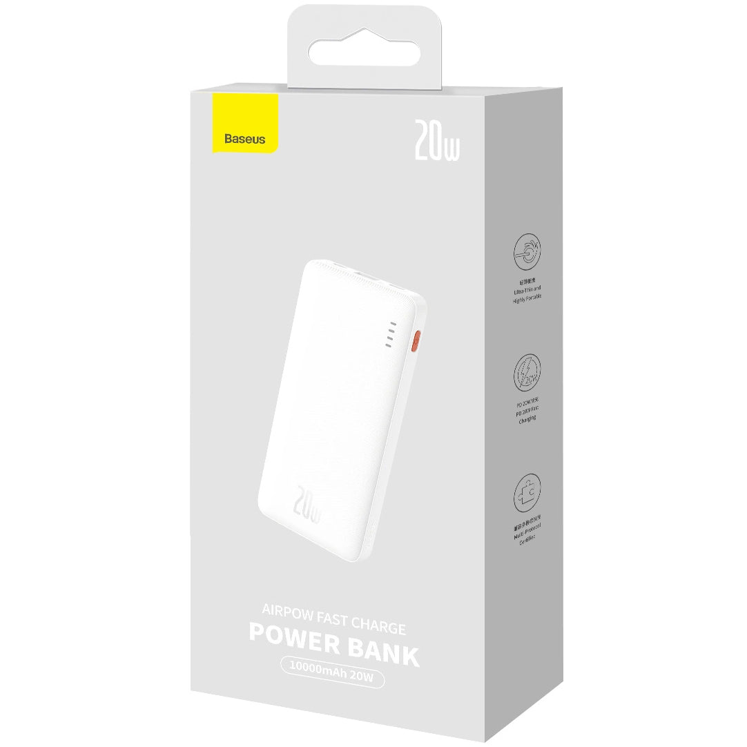 External Battery Baseus Airpow, 10000mAh, 20W, QC + PD, 1 x USB-A - 1 x USB-C, White