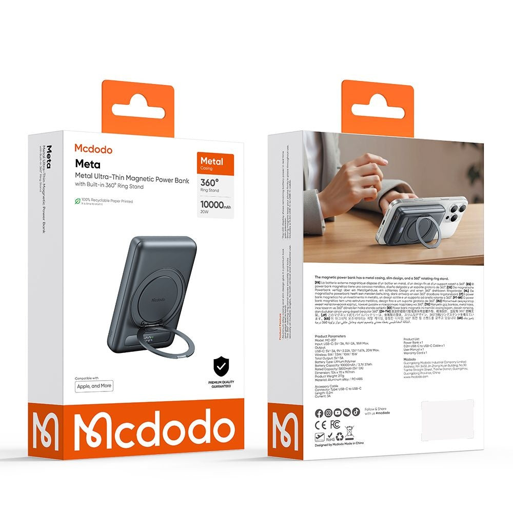 McDodo MC-8371 Meta Wireless External Battery, 10000mAh, 20W, PD + FQI, 1 x QI - 1 x USB-C, Grey
