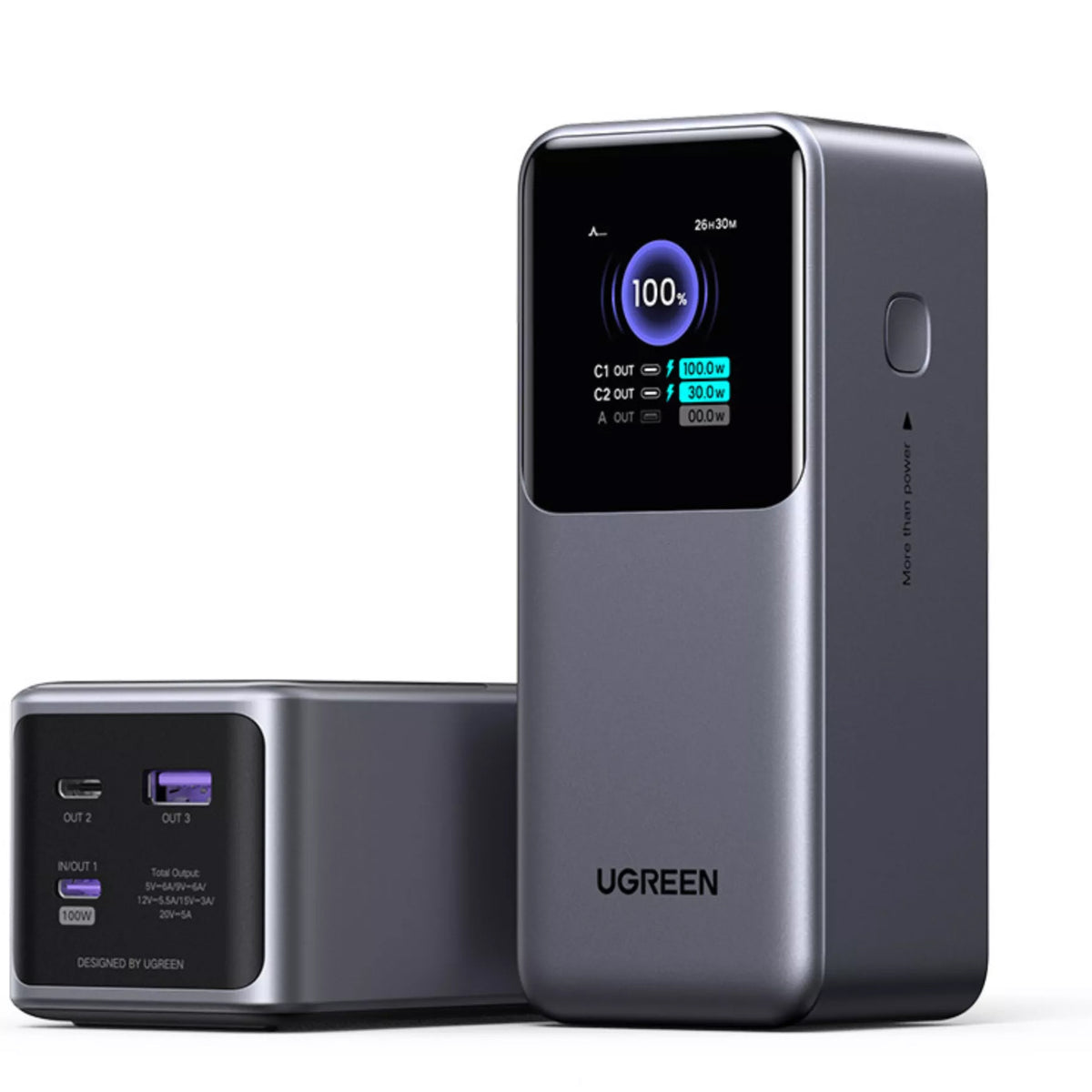 UGREEN PB721 External Battery, 20000mAh, 130W, QC + PD, 1 x USB-A - 2 x USB-C, Gray