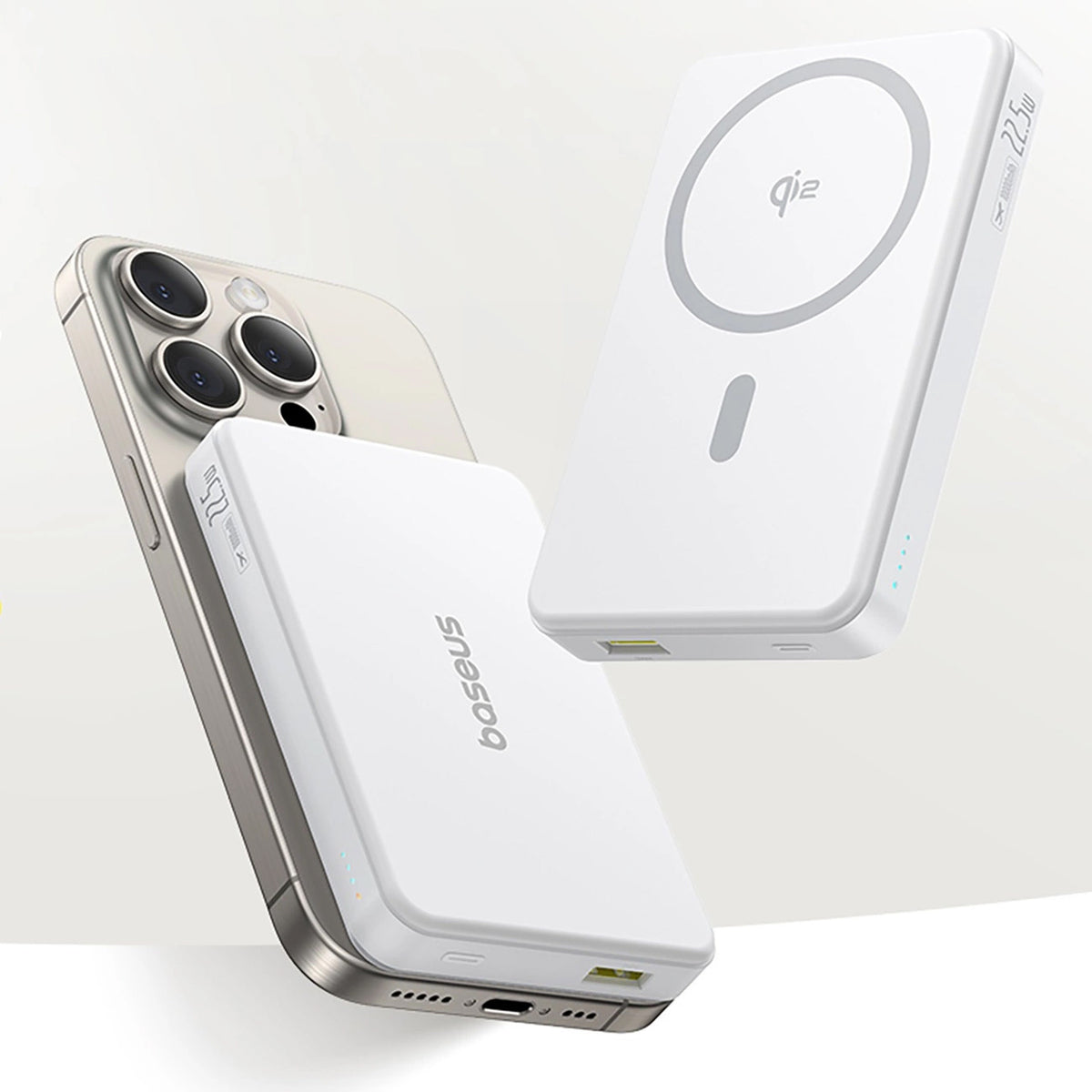 External Wireless Battery Baseus Airpow2 Qi2, 10000mAh, 22.5W, QC + PD + FQI, 1 x QI - 1 x USB-A - 1 x USB-C, White P10080000213-00