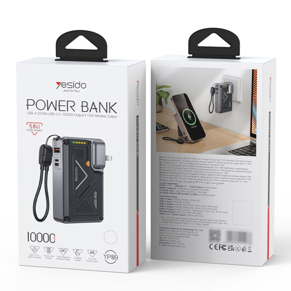 Yesido YP89 External Battery, 10000mAh, 22.5W, QC + PD + FQI, 1 x Lightning - 1 x QI - 1 x USB-A - 1 x USB-C, Gray
