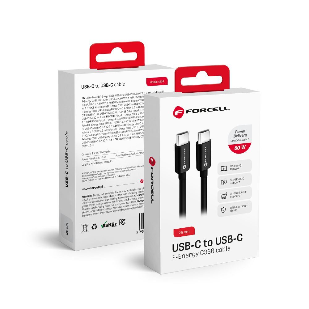 USB-C Data and Charging Cable - USB-C Forcell F-Energy C338, 60W, 0.25m, Black