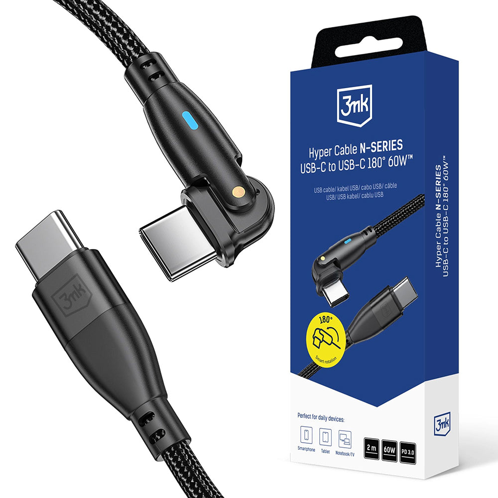 USB-C Data and Charging Cable - USB-C 3MK Hyper N Angled, 60W, 2m, Black