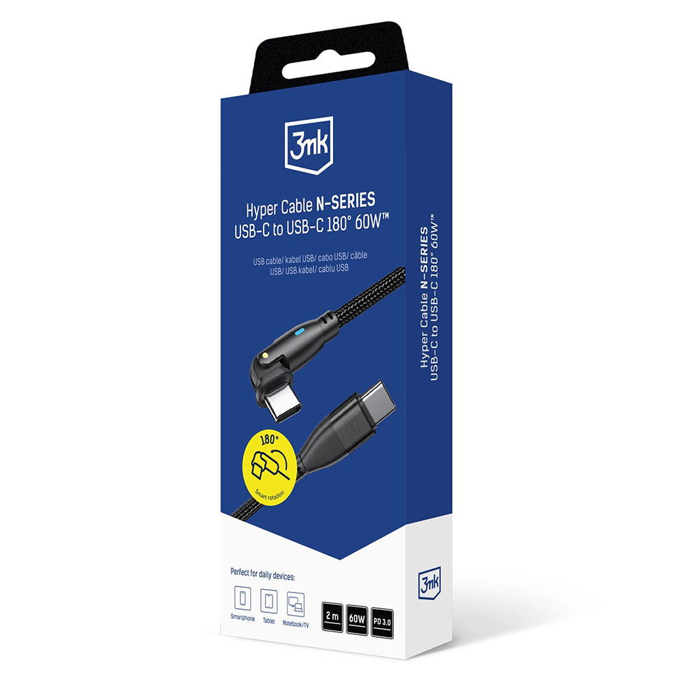 USB-C Data and Charging Cable - USB-C 3MK Hyper N Angled, 60W, 2m, Black