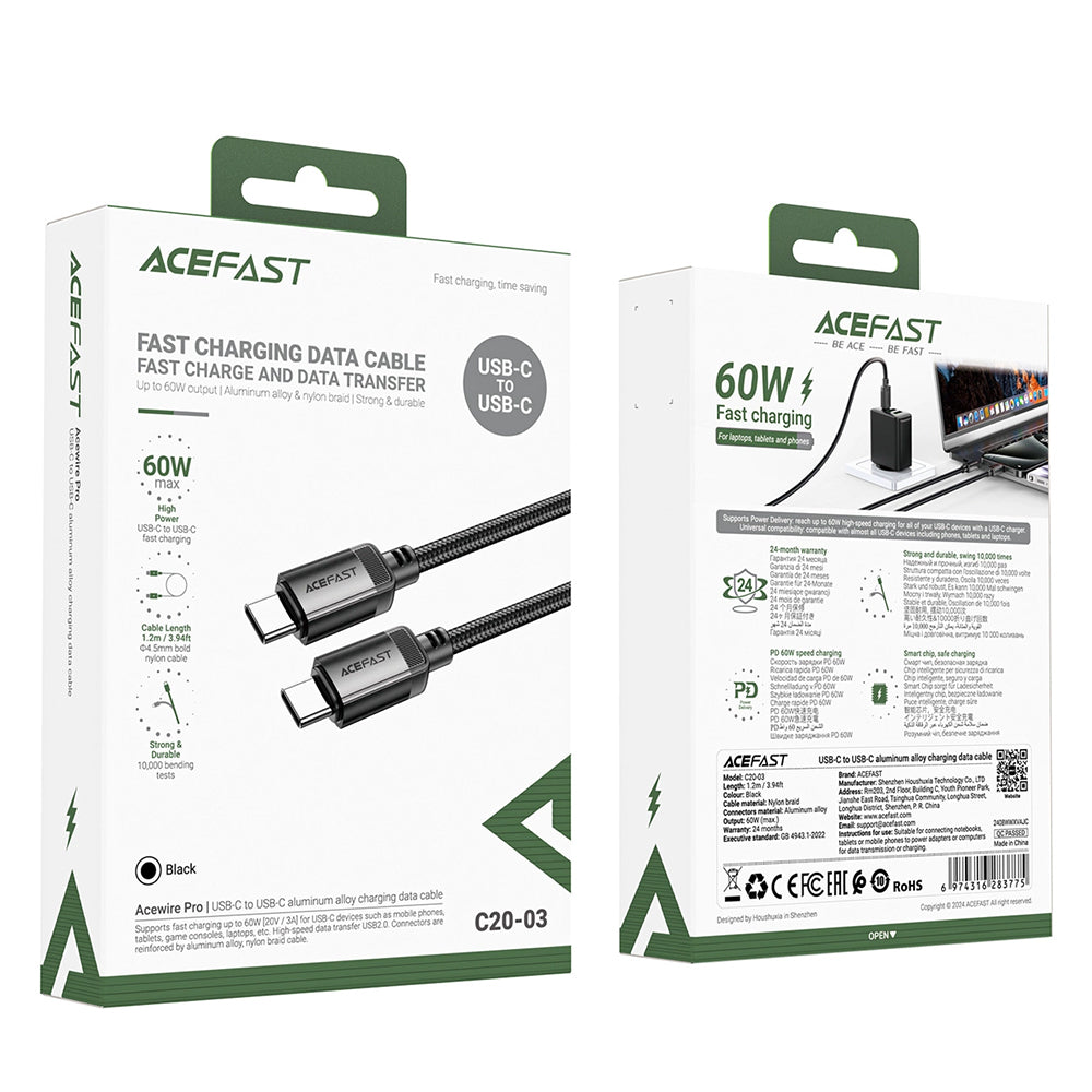 USB-C Data and Charging Cable - USB-C Acefast C20-03, 60W, 1.2m, Black