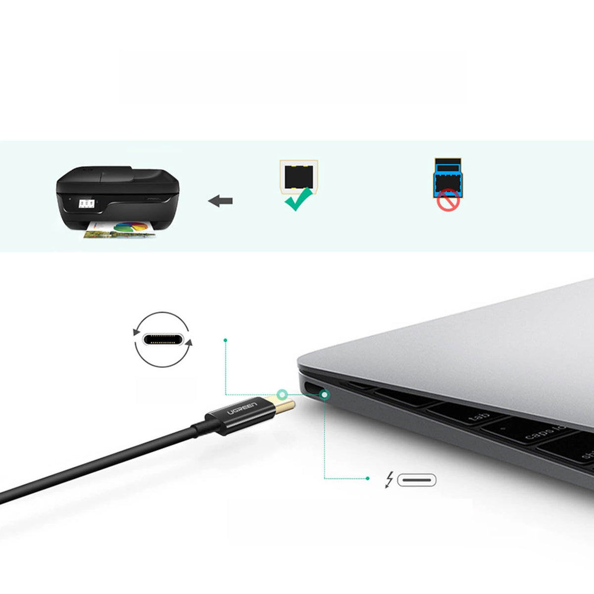 Printer Cable UGREEN US241, USB-C - USB-B, 2m, Black, Black