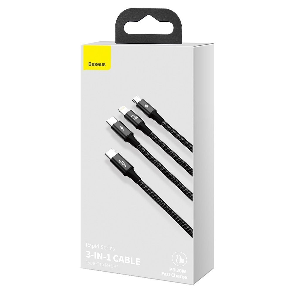 USB-C Charging Cable - Lightning / microUSB / USB-C Baseus Rapid 3in1, 20W, 1.5m, Black CAMLT-SC01