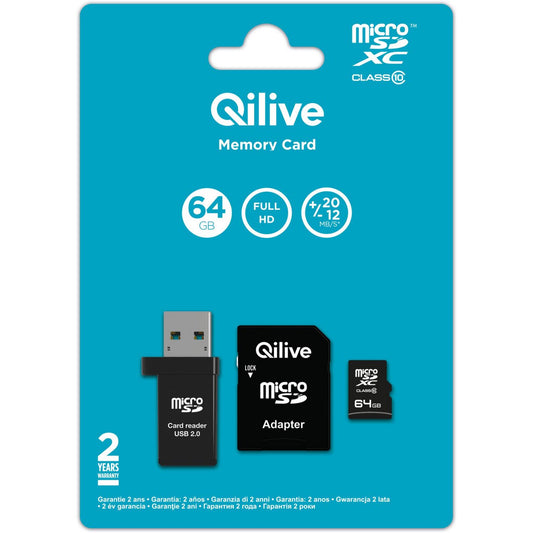 Qilive microSDXC Memory Card, 64Gb, Class 10, With Card Reader and Adapter EKMSDM64GXC10QL