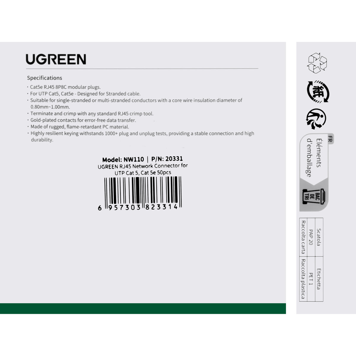 UGREEN NW110 Network Connector, RJ45, Cat5/5e, Set of 50 pieces