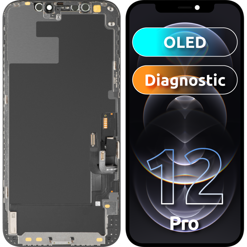 MP Touchscreen Display compatible with Apple iPhone 12 / 12 Pro, with Frame, Diagnostic OLED Version, Black