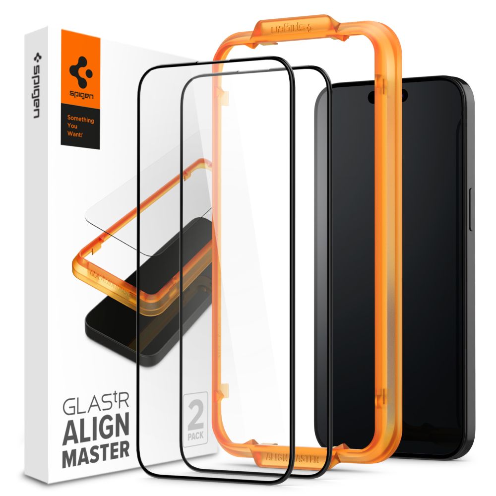 Spigen GlastR Align Master Screen Protector for Apple iPhone 15 Pro, Tempered Glass, Full Glue, Set of 2 pieces, Black AGL06895
