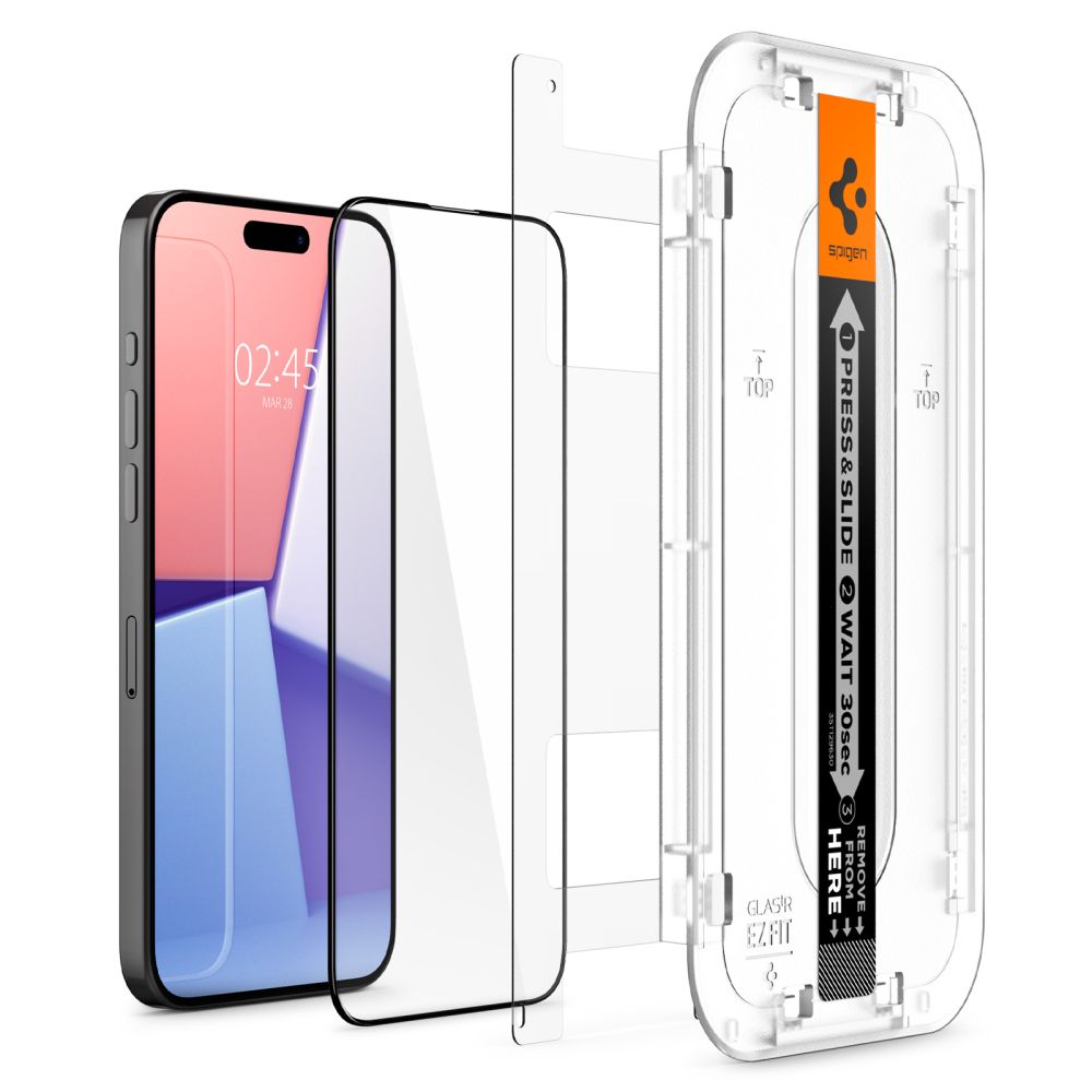 Spigen GlastR EZ FIT HD Screen Protector for Apple iPhone 15 Pro Max, Tempered Glass, Full Glue, Black AGL06879
