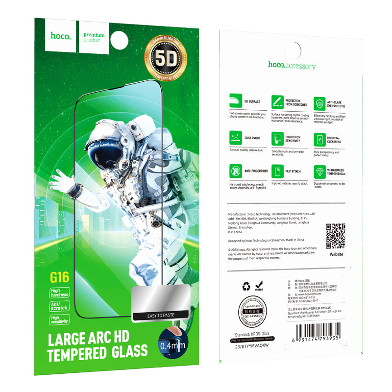 HOCO G16 Screen Protector for Apple iPhone 17e / 16e / 14 / 13 Pro, Tempered Glass, Full Glue, 5D, Black