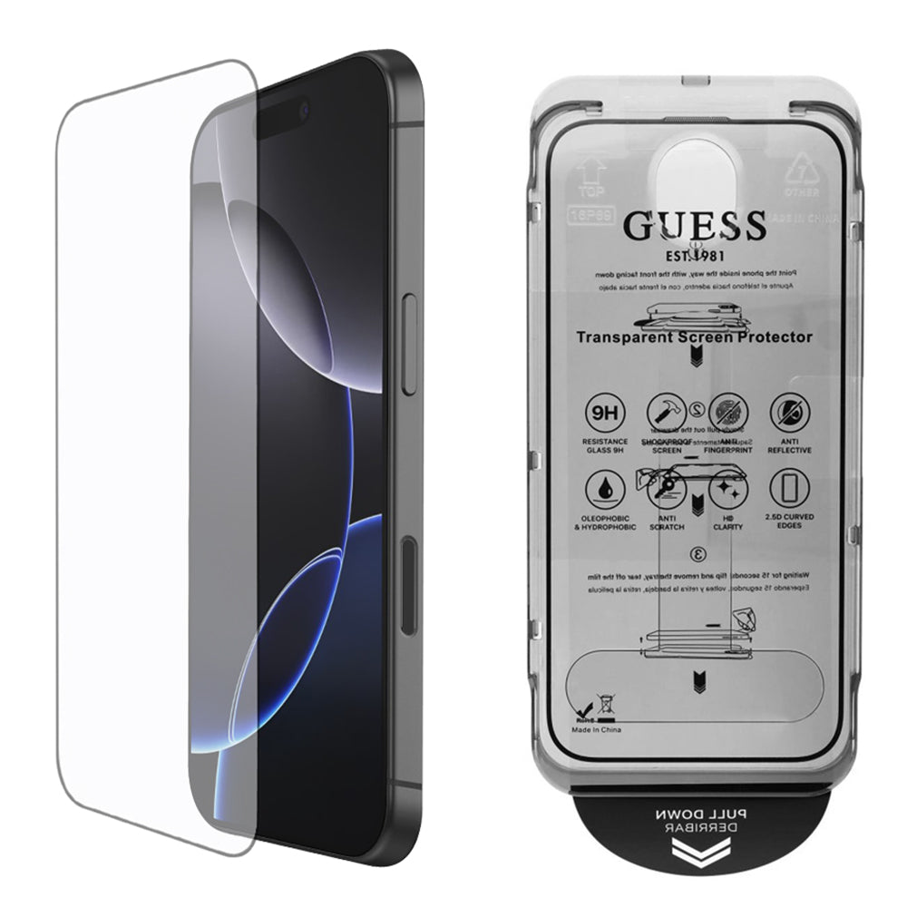 Guess Classic Outline Screen Protector for Apple iPhone 16 Pro, Tempered Glass, Full Glue, 2.5D, Black