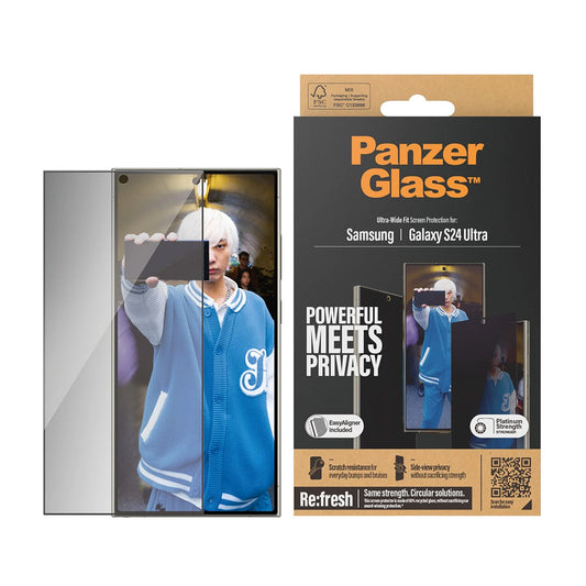 Privacy Screen Protector PanzerGlass Ultra-Wide Fit EasyAligner for Samsung Galaxy S24 Ultra S928, Tempered Glass, Full Glue