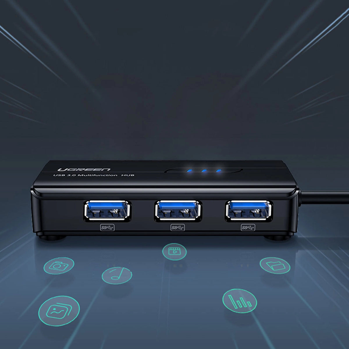 UGREEN 20265 USB Hub, 3 x USB-A 3.0 - 1 x RJ45, Black