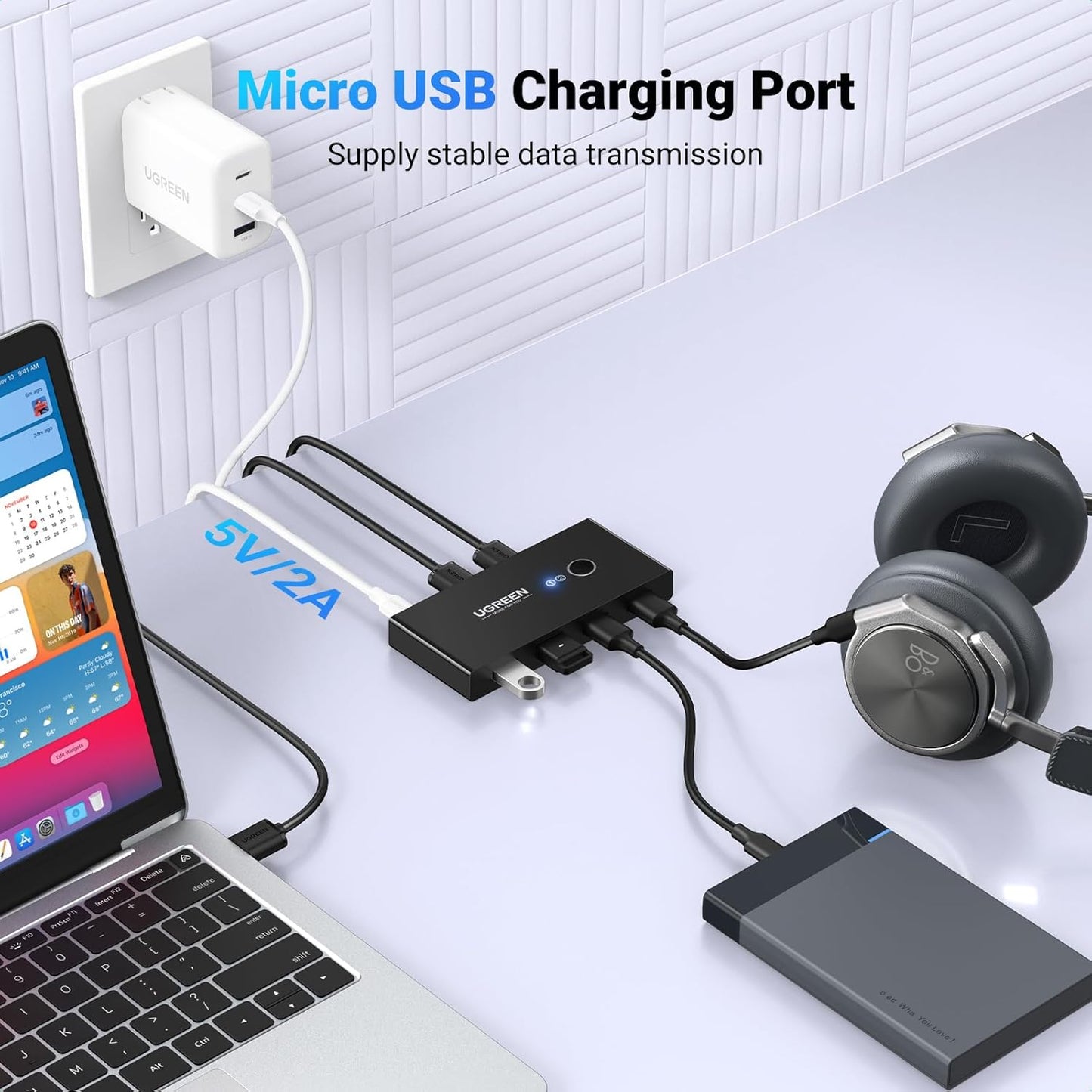 USB Hub UGREEN US216 Two Sharing Switch Box, 4 x USB-A, Black