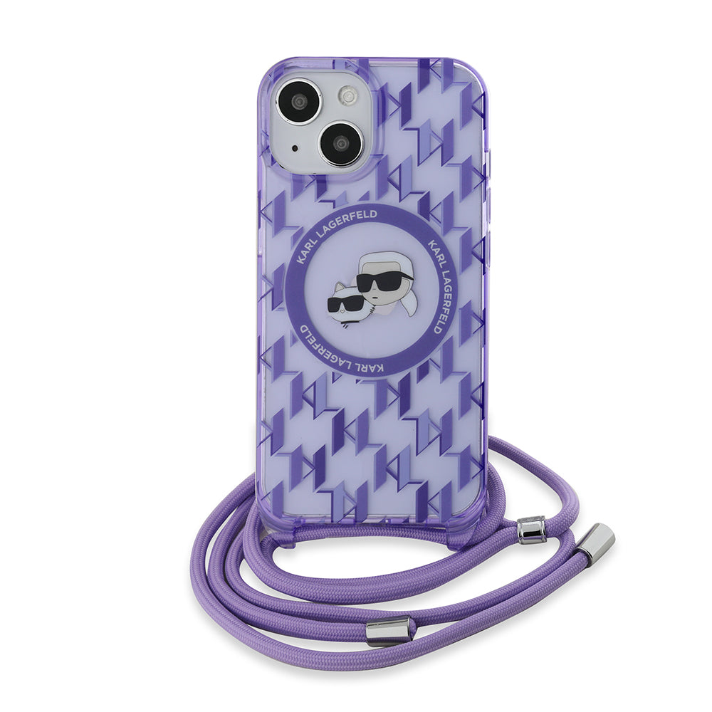 MagSafe Case for Apple iPhone 15, Karl Lagerfeld, IML Crossbody Monogram Karl & Choupette's Heads, Purple