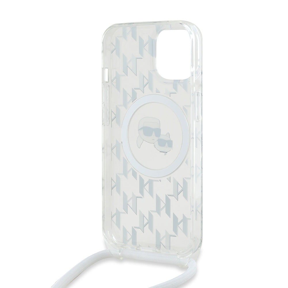 MagSafe Case for Apple iPhone 15, Karl Lagerfeld, IML Crossbody Monogram Karl & Choupette's Heads, Transparent