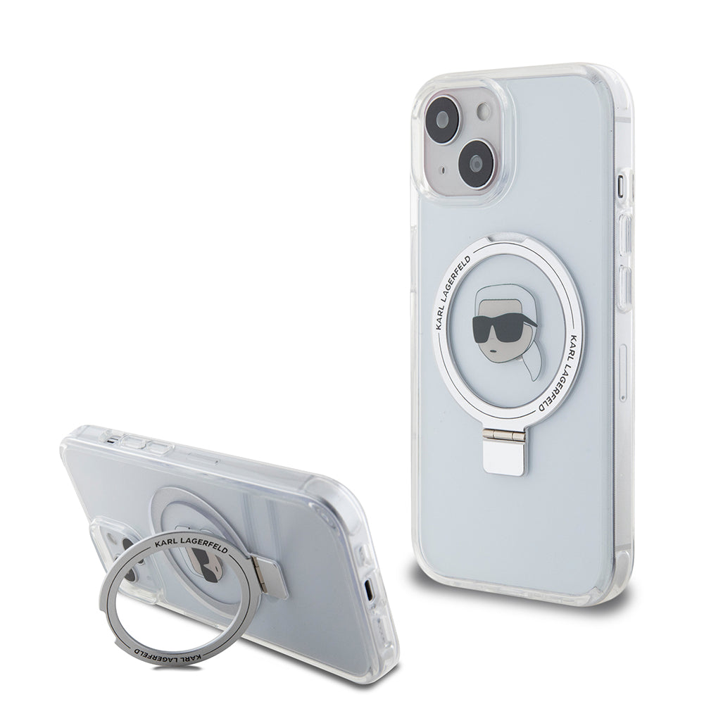 MagSafe Case for Apple iPhone 15, Karl Lagerfeld, Ring Stand Karl's Head, White