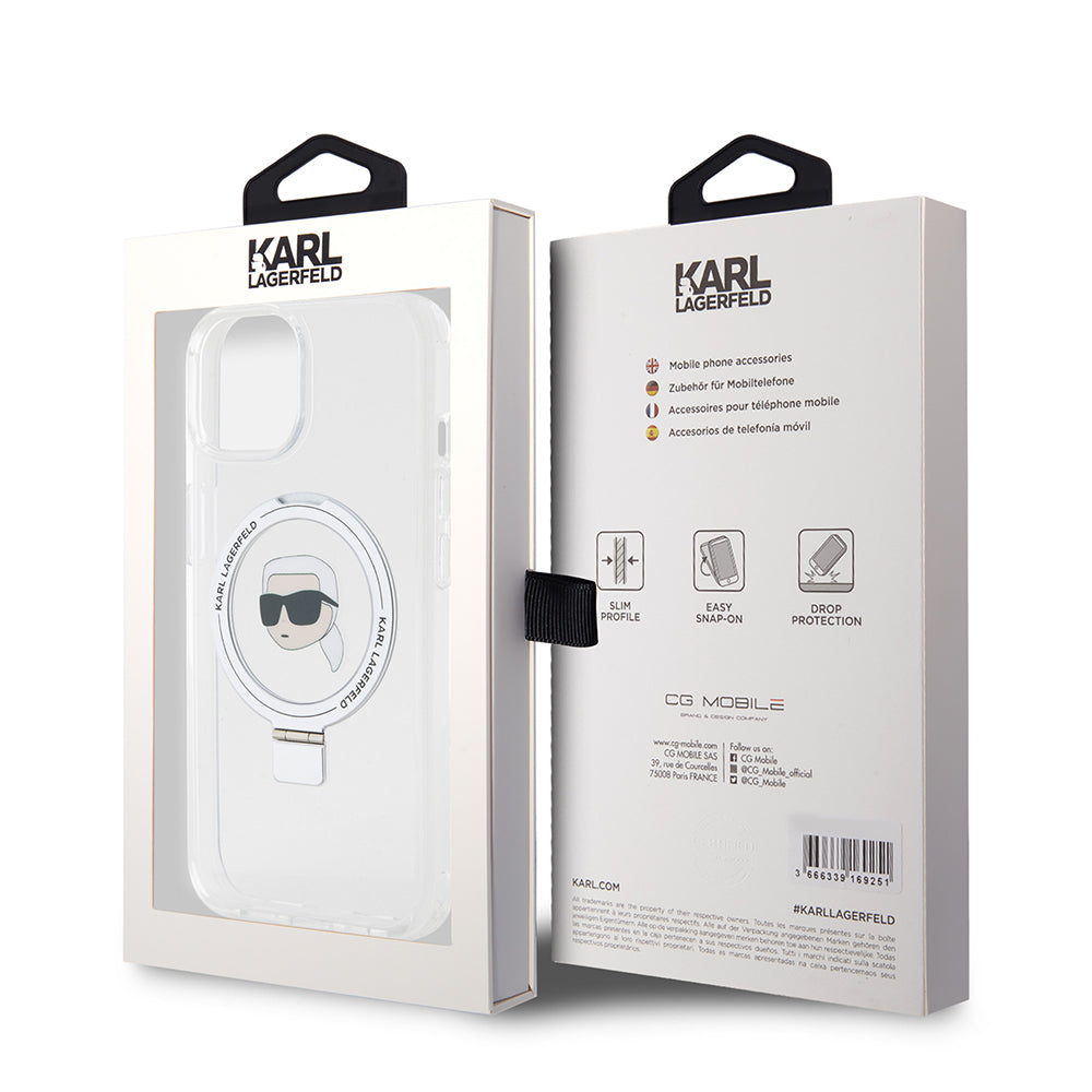 MagSafe Case for Apple iPhone 15, Karl Lagerfeld, Ring Stand Karl's Head, White