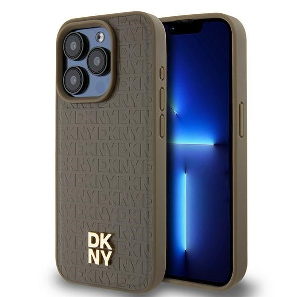 MagSafe Case for Apple iPhone 15 Pro, DKNY, Monogram Pattern Metal Logo, Brown