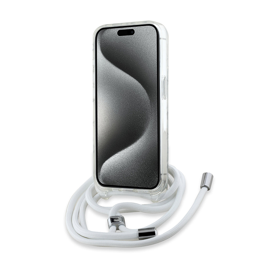 MagSafe Case for Apple iPhone 15 Pro, Karl Lagerfeld, IML Crossbody Monogram Karl & Choupette's Heads, Transparent
