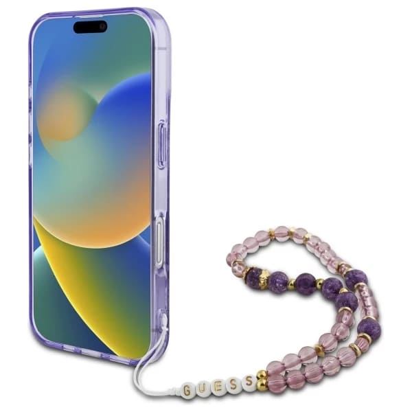 MagSafe Case for Apple iPhone 16, Guess, IML Flowers with Pearl Strap, Purple