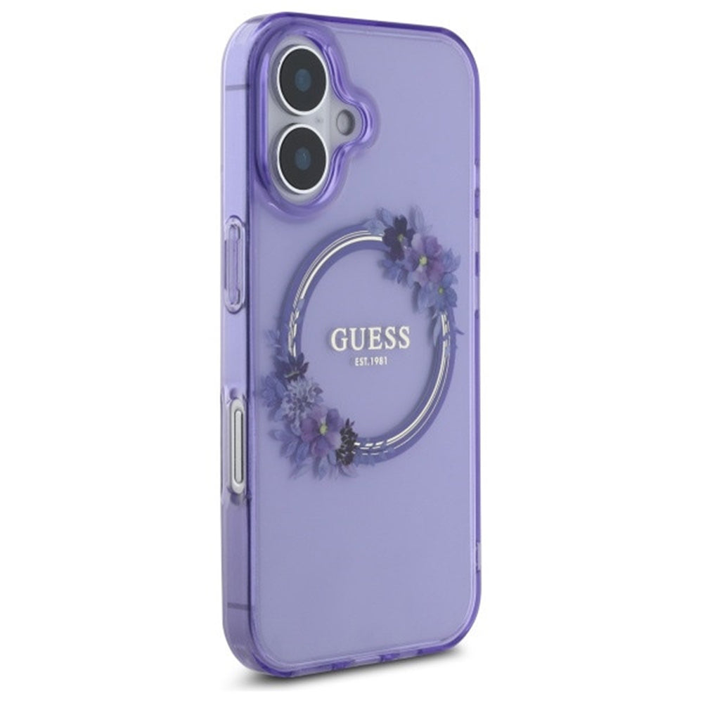 MagSafe Case for Apple iPhone 16, Guess, IML Flowers Wreath, Pink