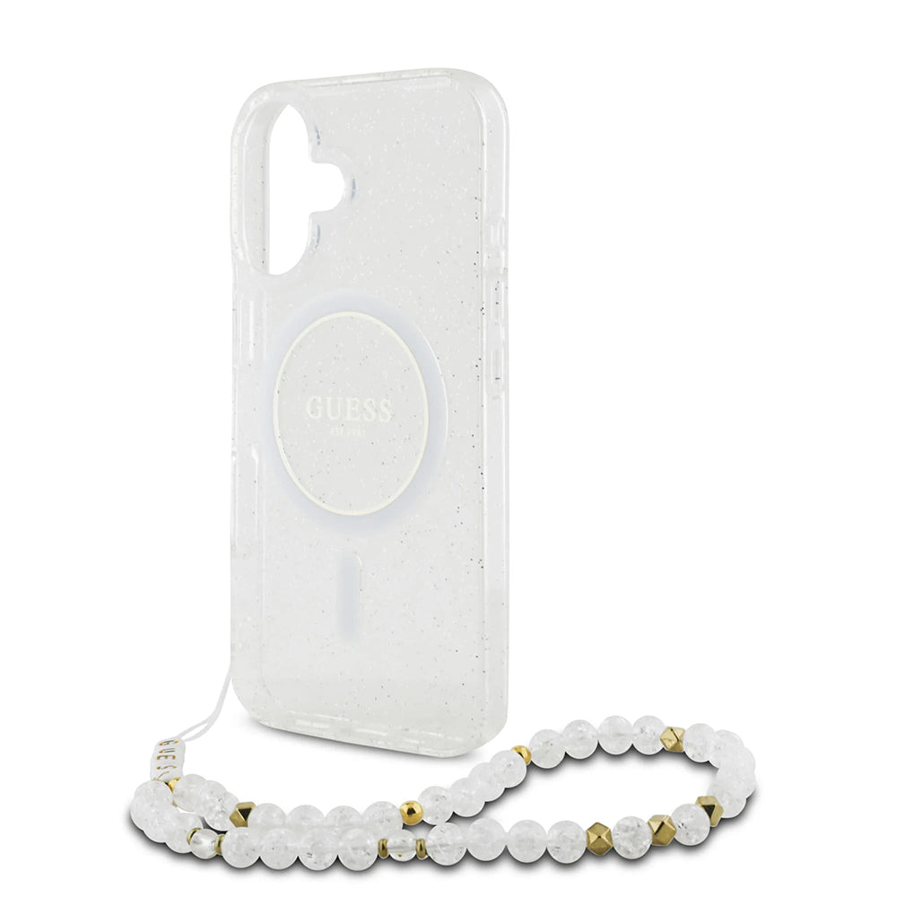 MagSafe Case for Apple iPhone 16, Guess, IML Glitter with Pearl Strap, Transparent