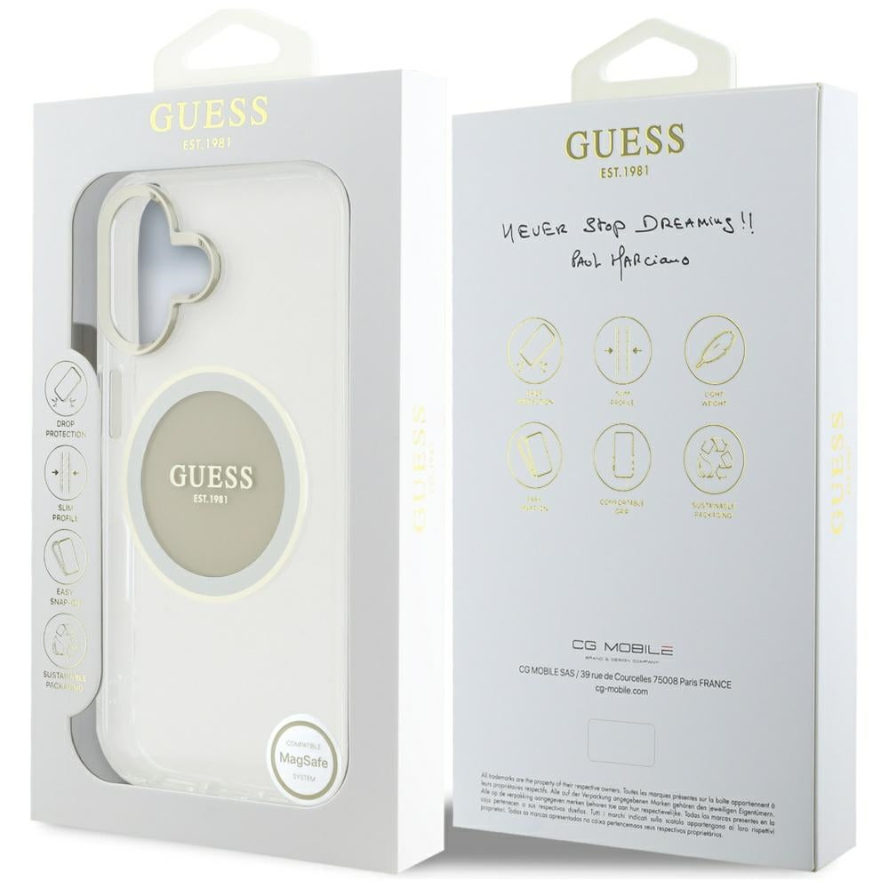 MagSafe Case for Apple iPhone 16, Guess, IML Metal Colored Circle, Grey