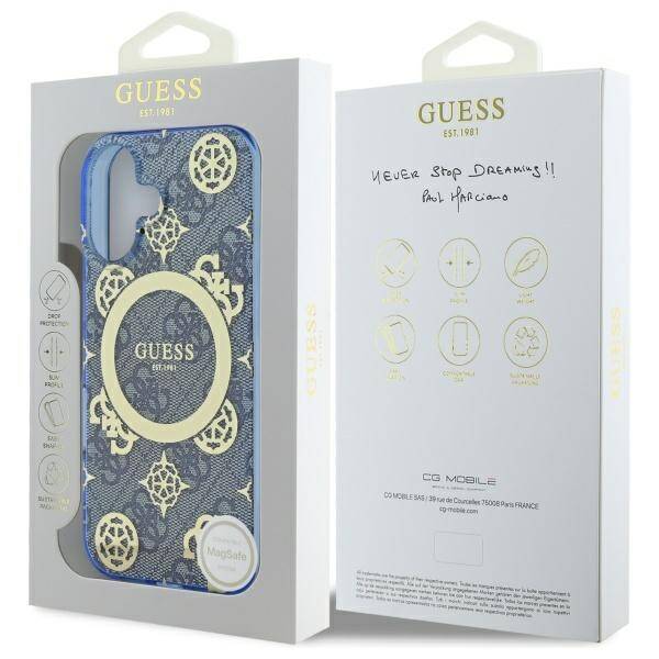 MagSafe Case for Apple iPhone 16, Guess, IML Peony On 4G Background, Blue