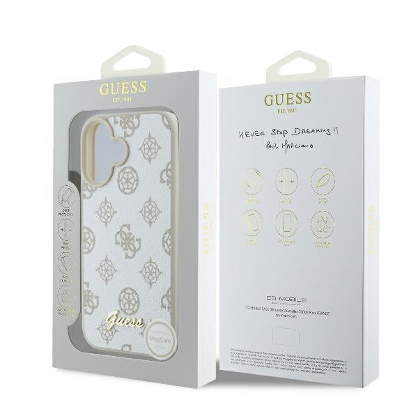 MagSafe Case for Apple iPhone 16, Guess, Peony Script, White