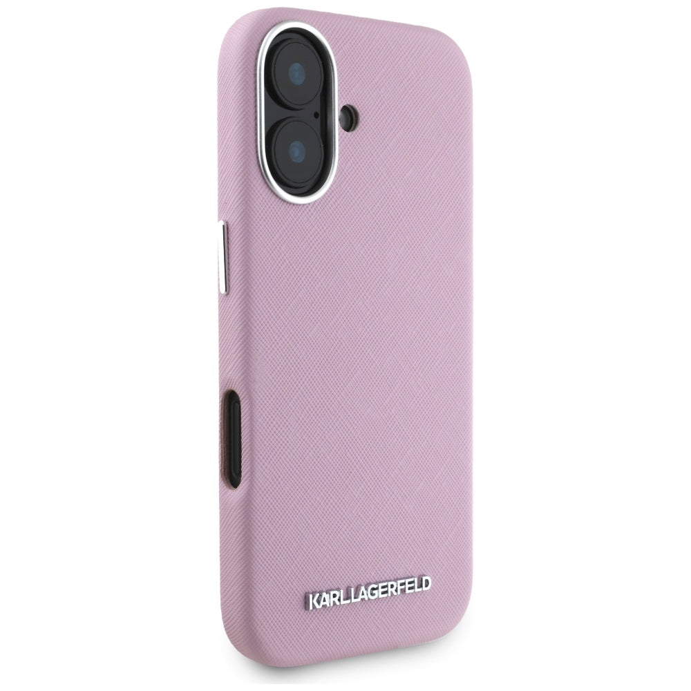MagSafe Case for Apple iPhone 16, Karl Lagerfeld, Saffiano Full Wrapped Elongated Metal Logo, Pink