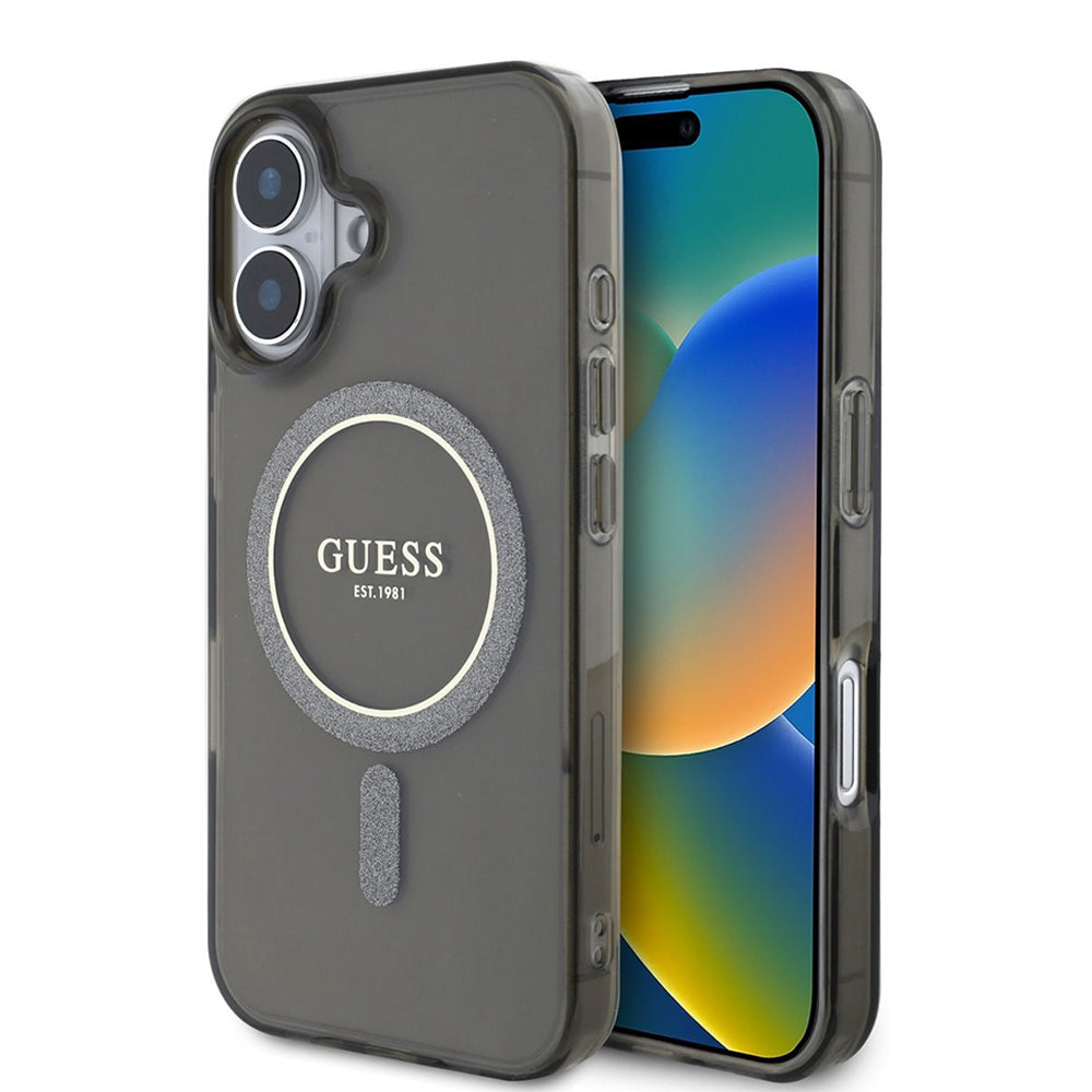 MagSafe Case for Apple iPhone 16 Plus, Guess, IML Glitter Circle, Black