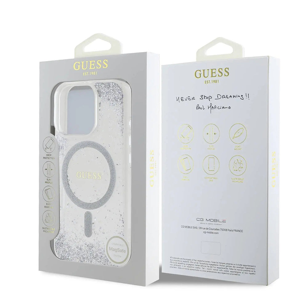 MagSafe Case for Apple iPhone 16 Pro, Guess, IML Glitter Gradient, Silver