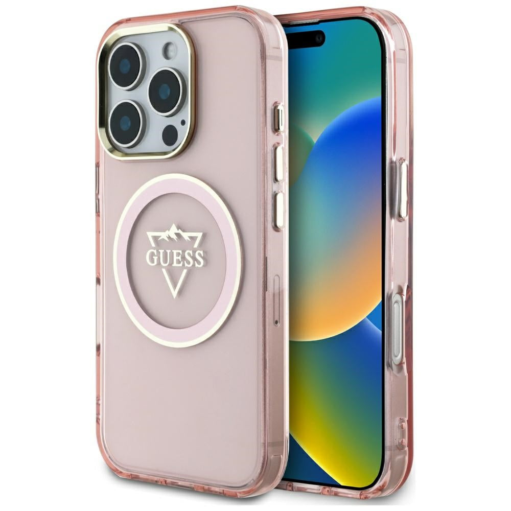 MagSafe Case for Apple iPhone 16 Pro, Guess, IML Metal Mountain Logo, Pink