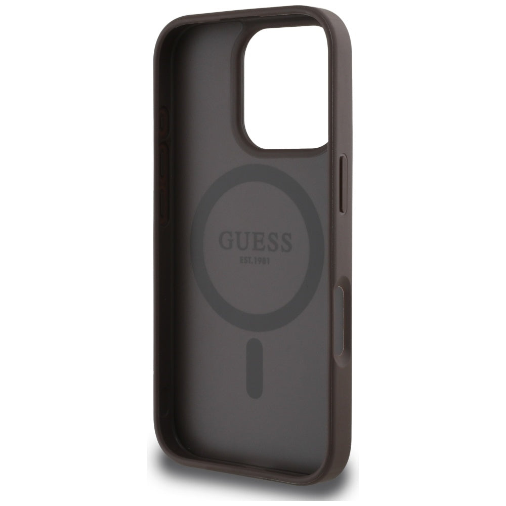 MagSafe Case for Apple iPhone 16 Pro, Guess, Peony Grained Hot Stamp Triangle, Brown