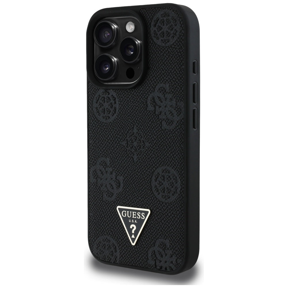 MagSafe Case for Apple iPhone 16 Pro, Guess, Peony Grained Hot Stamp Triangle, Black