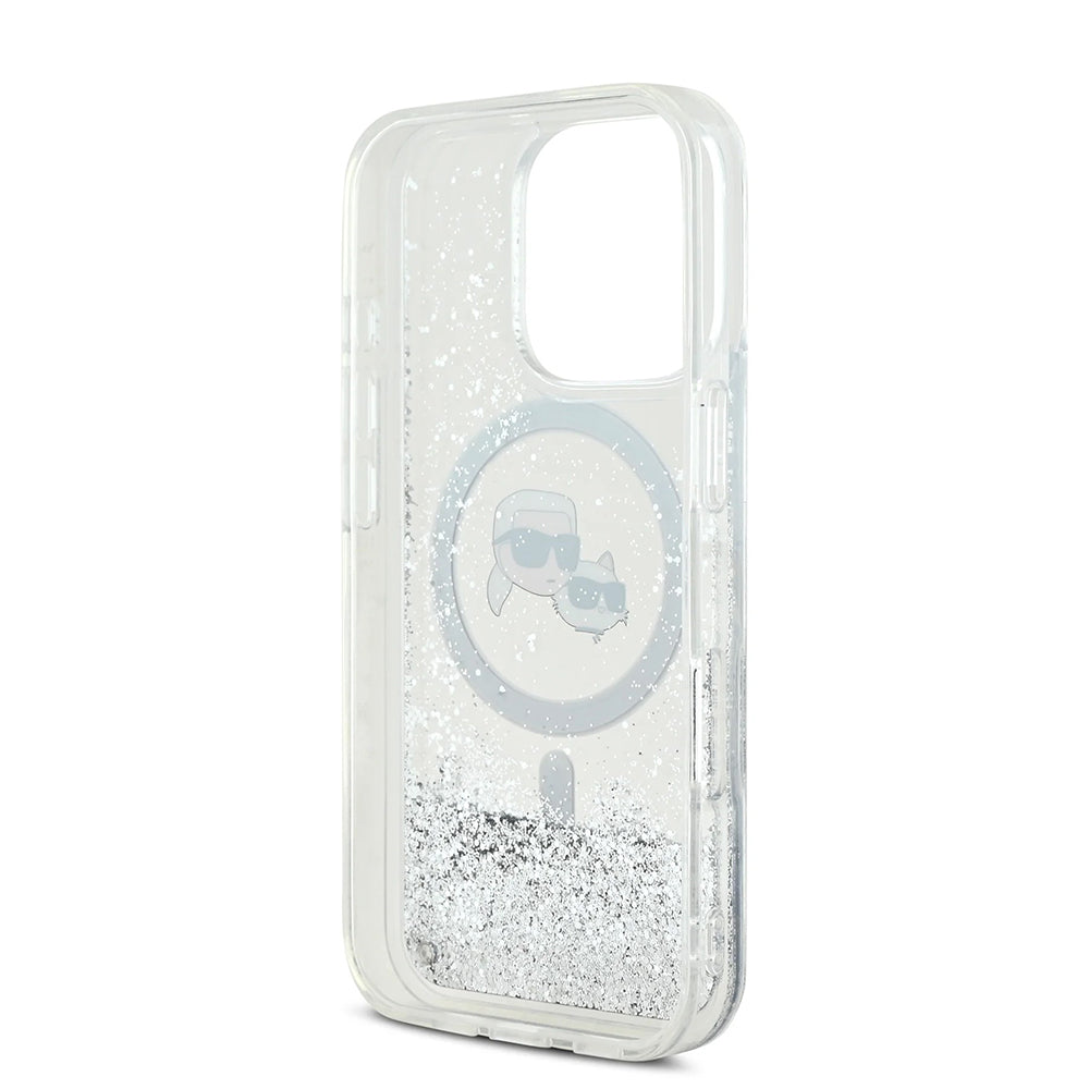 MagSafe Case for Apple iPhone 16 Pro, Karl Lagerfeld, Liquid Glitter Karl & Choupette's Heads, Transparent