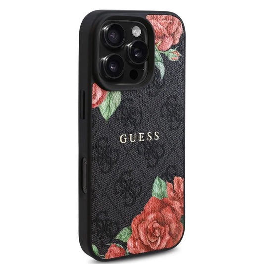 MagSafe Case for Apple iPhone 16 Pro Max, Guess, 4G Flowers Print, Black