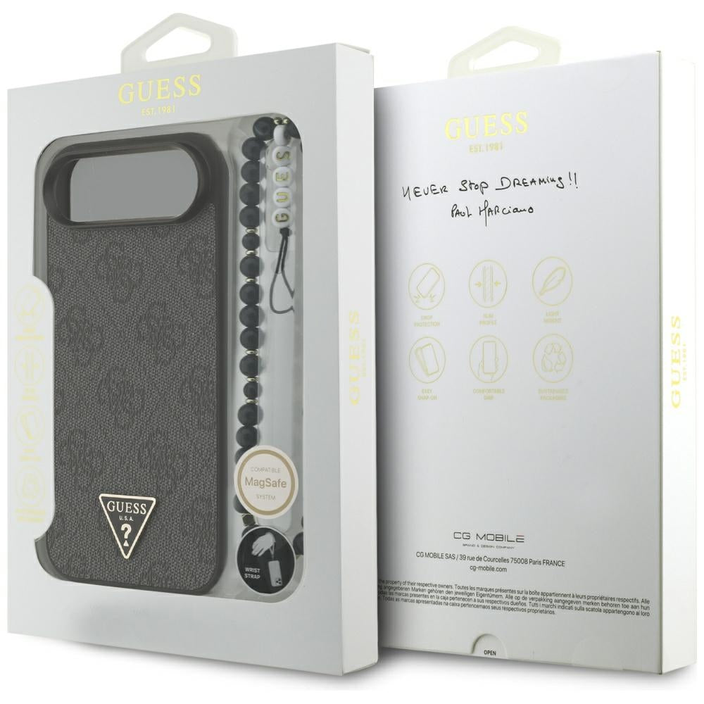 MagSafe Case for Apple iPhone 17 Air, Guess, 4G Triangle Logo with Cord Strap, Black
