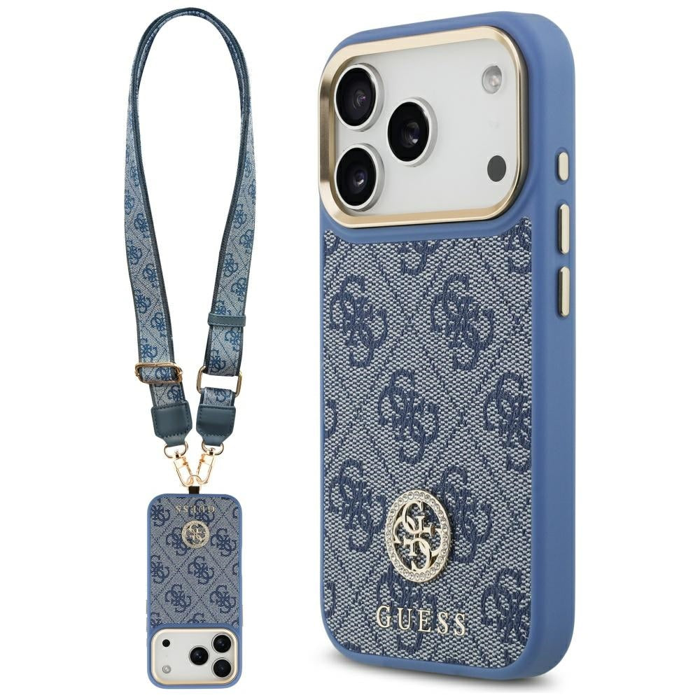 MagSafe Case for Apple iPhone 17 Pro, Guess, 4G Strass Logo with Big Strap, Blue