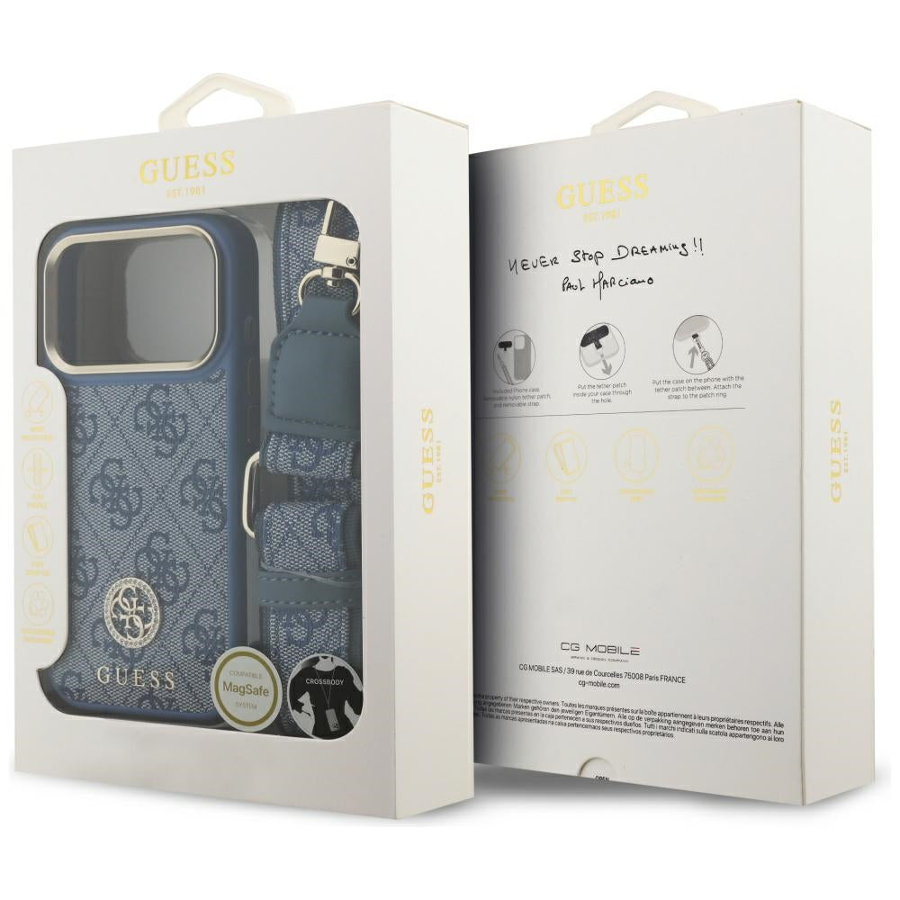 MagSafe Case for Apple iPhone 17 Pro, Guess, 4G Strass Logo with Big Strap, Blue