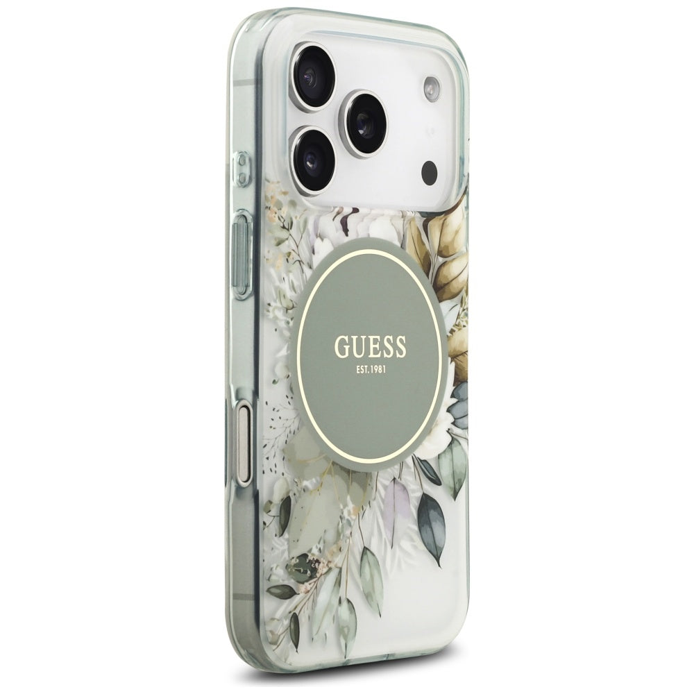 MagSafe Case for Apple iPhone 17 Pro, Guess, IML Flower and Tonal Circle, Green