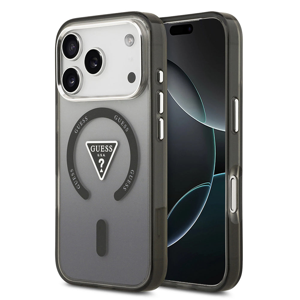 MagSafe Case for Apple iPhone 17 Pro, Guess, IML Gradient Triangle Logo, Black Silver