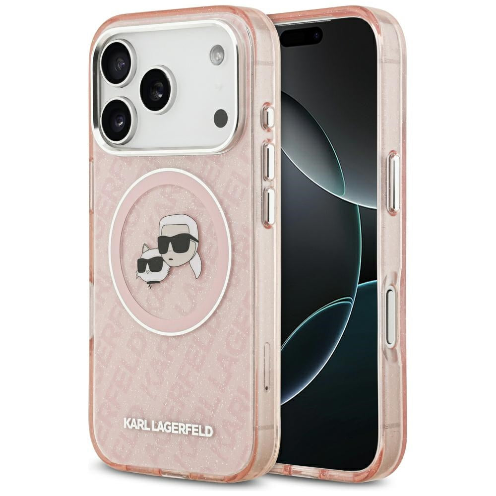 MagSafe Case for Apple iPhone 17 Pro, Karl Lagerfeld, IML Glitter Karl & Choupette's Heads, Pink