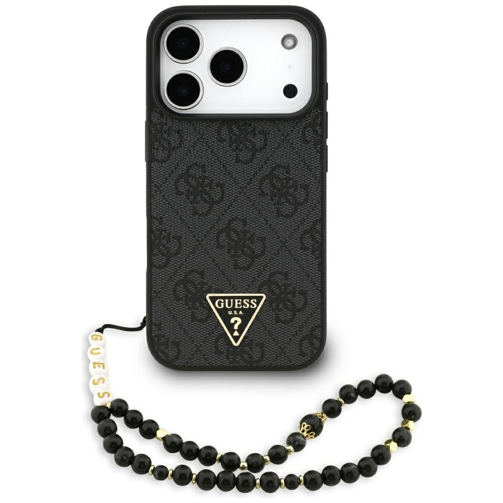 MagSafe Case for Apple iPhone 17 Pro Max, Guess, 4G Triangle Logo with Cord Strap, Black